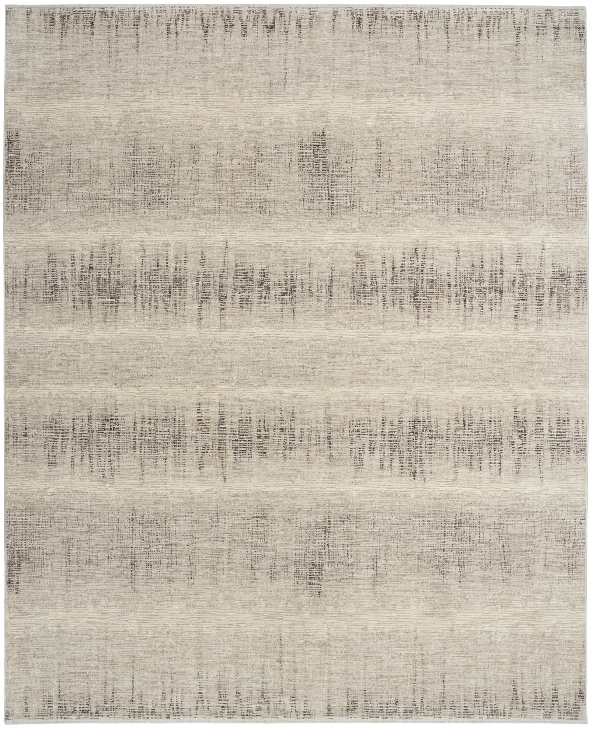 Beige & ivory abstract area rug with distressed horizontal banding and soft textured look.