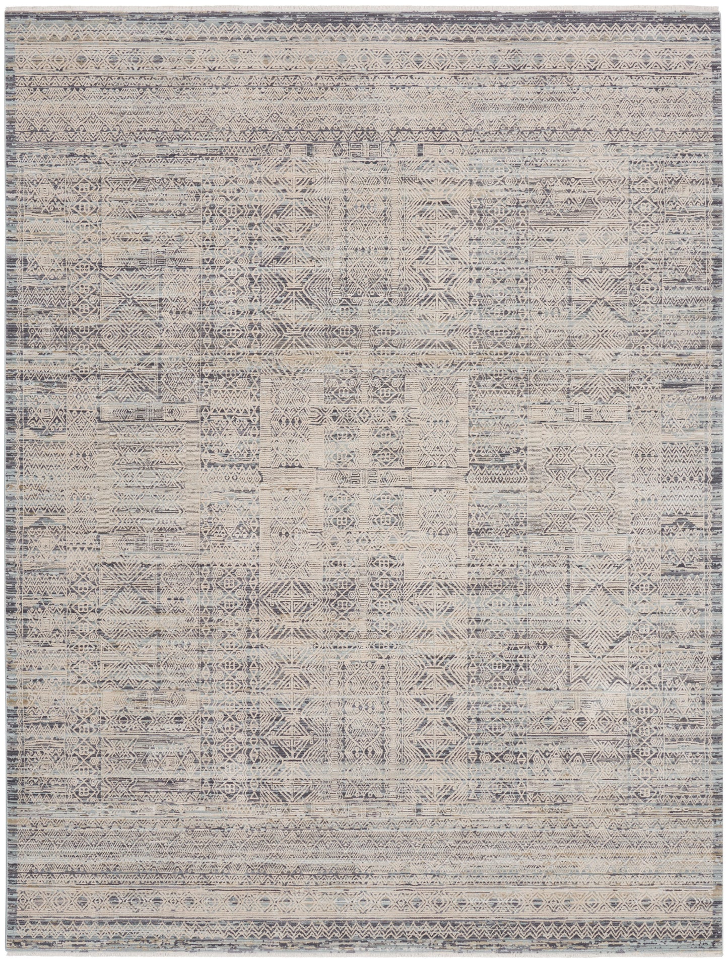 Distressed flatweave rug with geometric tribal motifs in beige, gray & blue tones and a bordered edge.