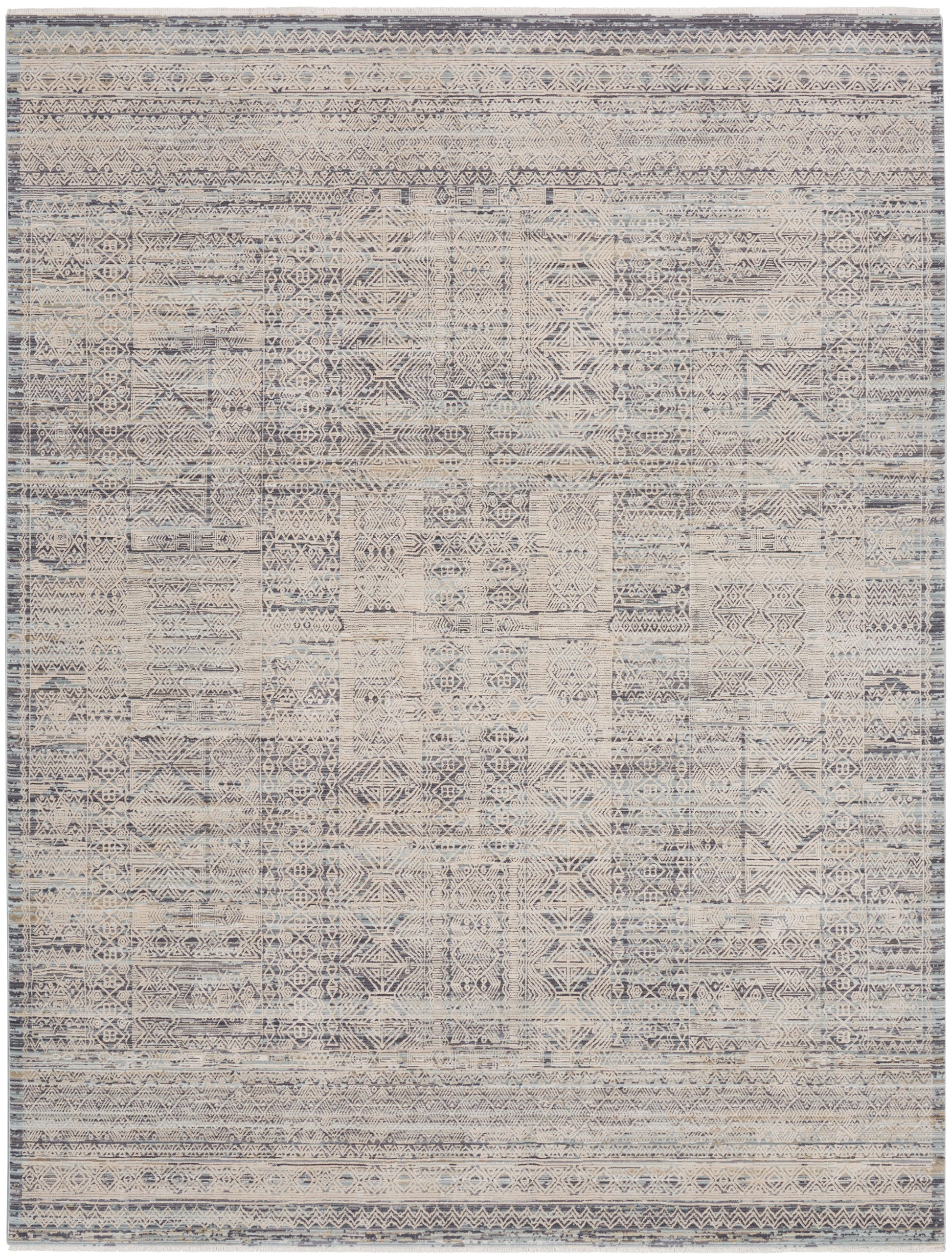 Distressed flatweave rug with geometric tribal motifs in beige, gray & blue tones and a bordered edge.