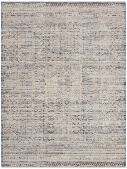 Distressed flatweave rug with geometric tribal motifs in beige, gray & blue tones and a bordered edge.