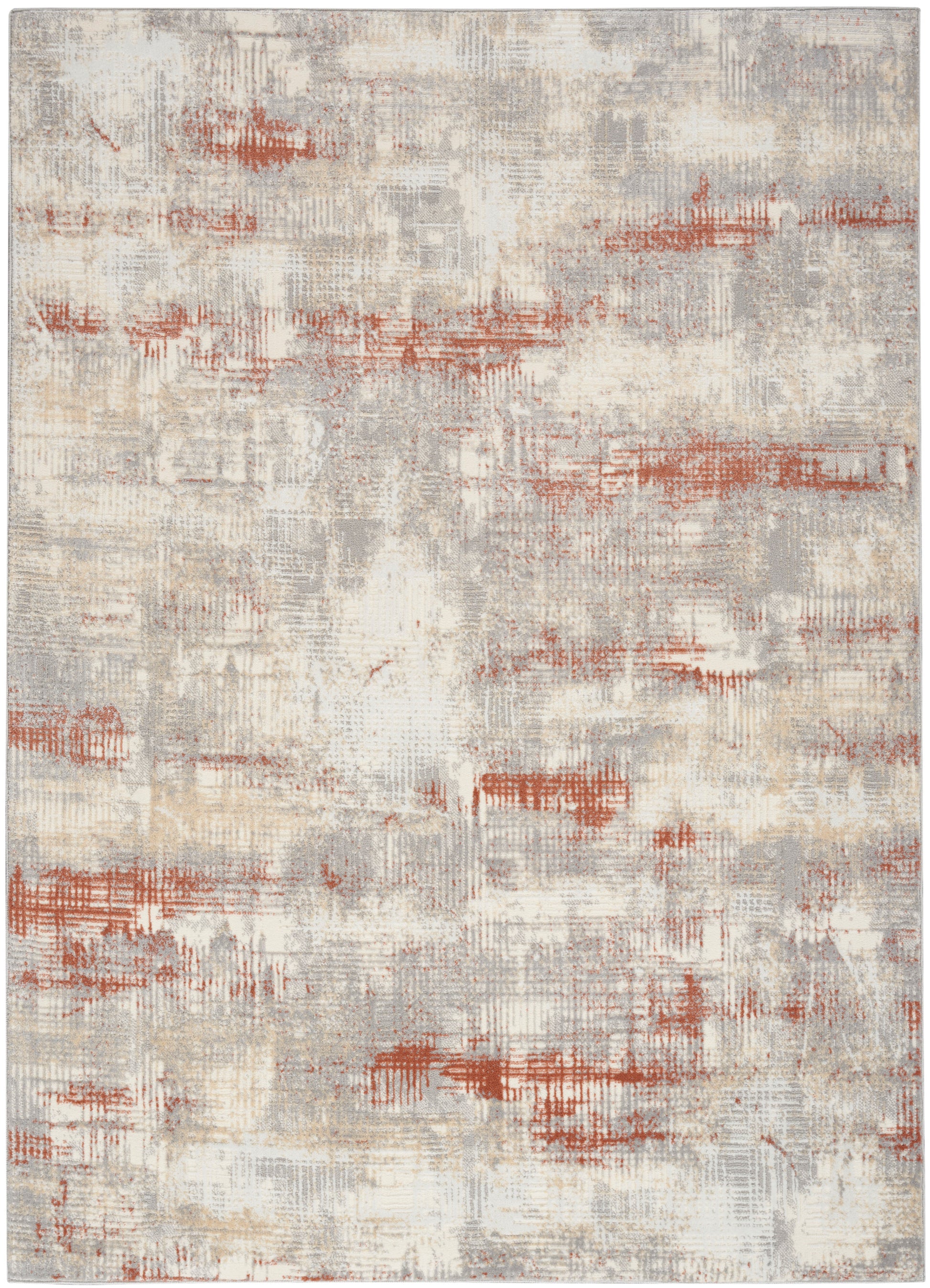 Abstract distressed area rug in cream, beige and gray with rust red accents and a soft woven texture.