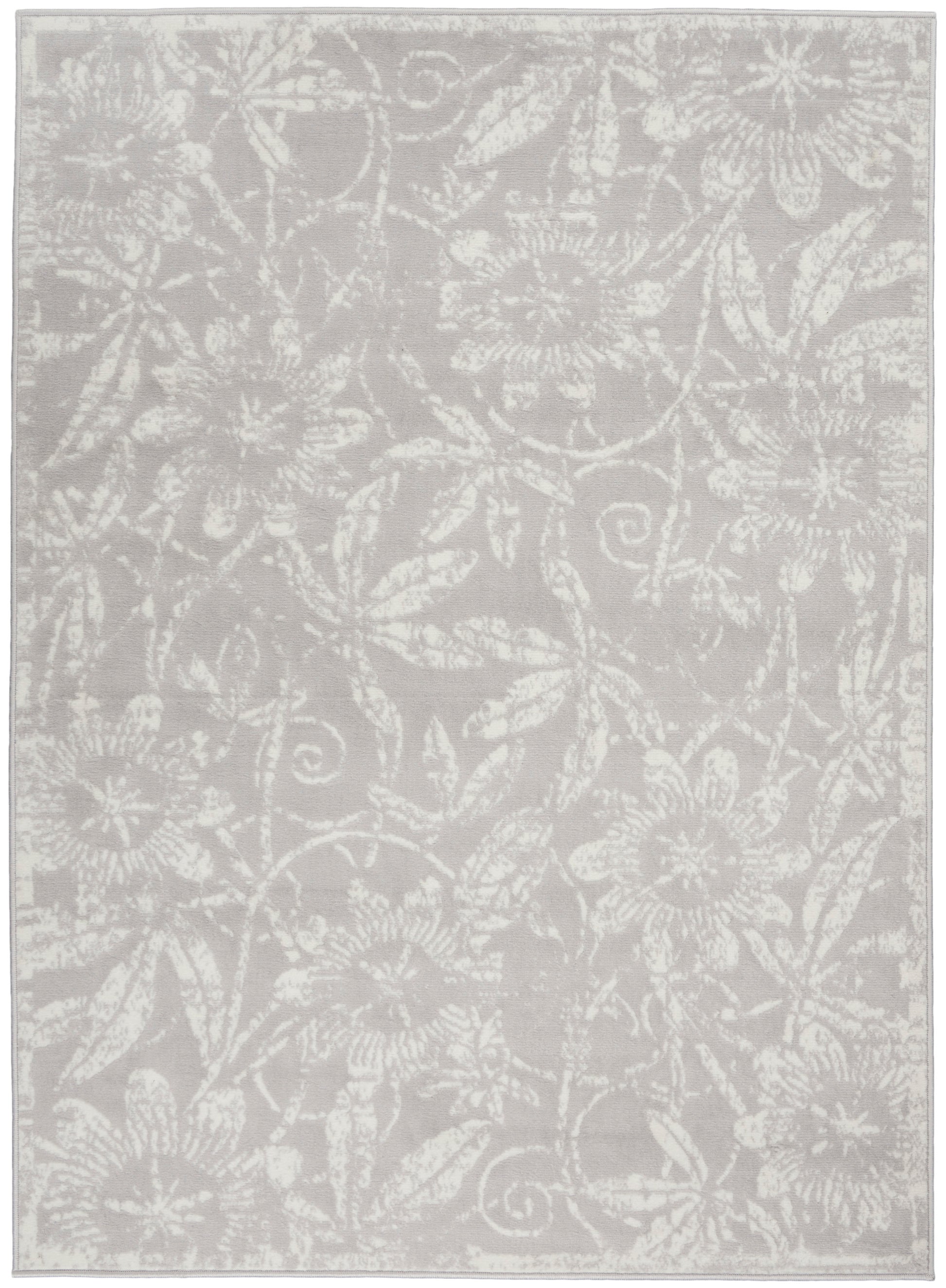 Light gray area rug with white floral damask pattern and a narrow border, decorative living-room rug.