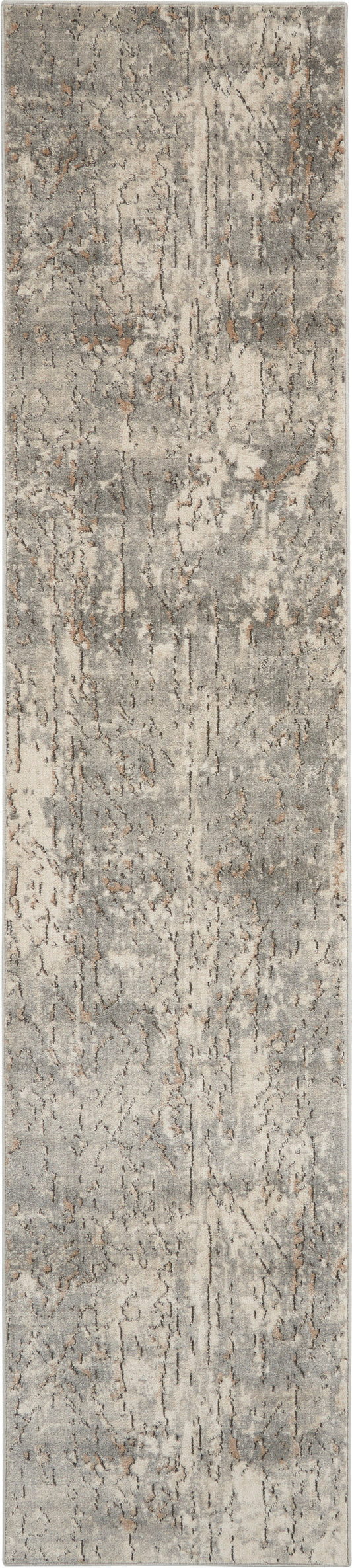 Distressed gray-taupe runner rug with abstract worn texture; versatile hallway or living room decor.