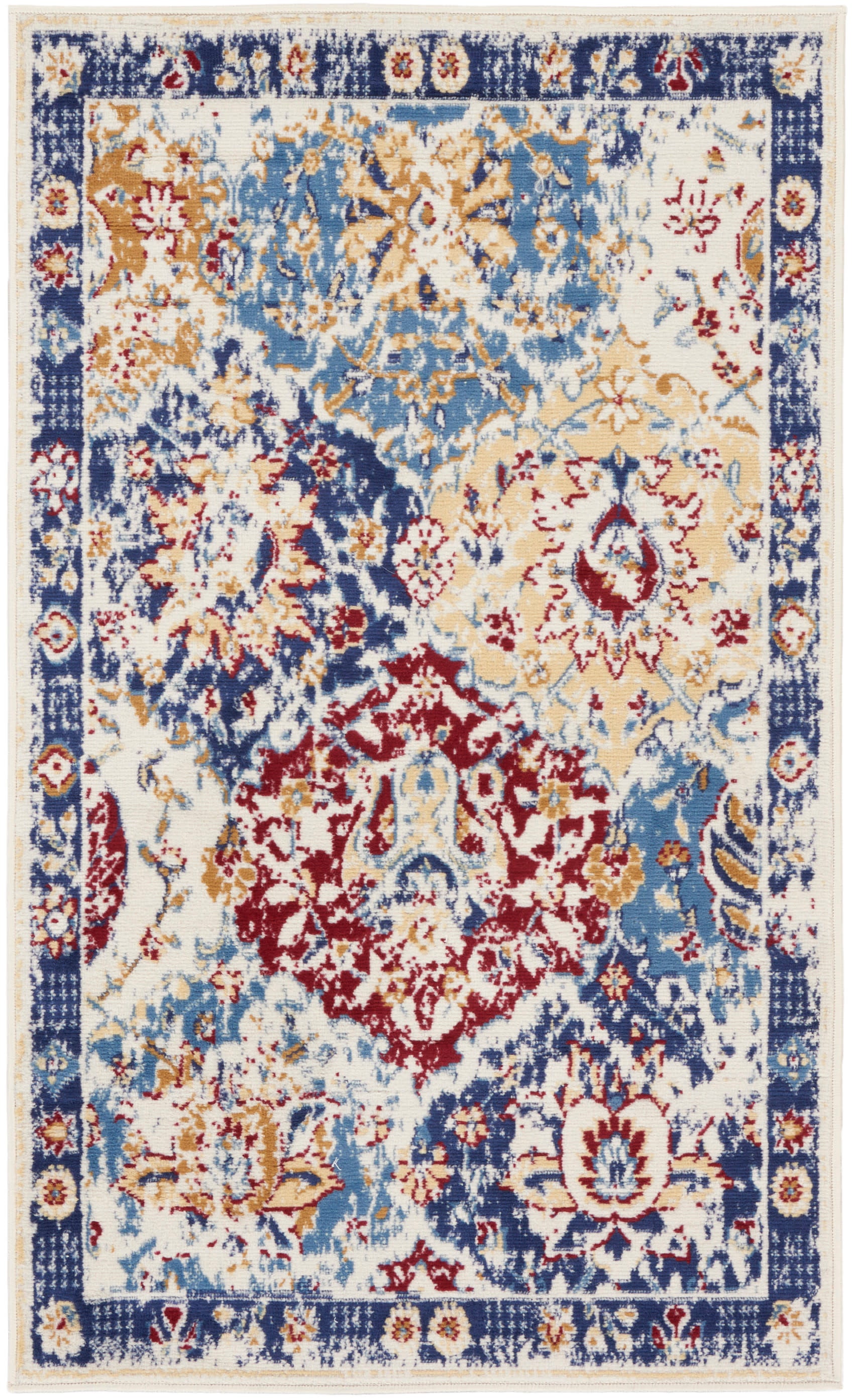 Rectangular oriental area rug with blue, ivory, red and tan floral medallion pattern and distressed look.