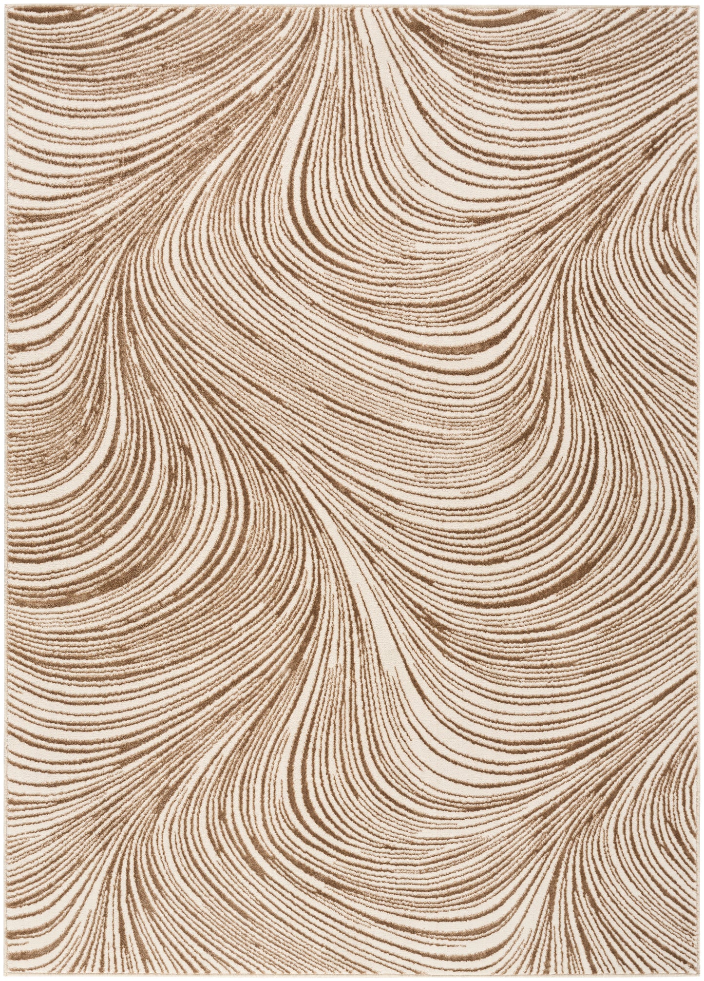 Beige area rug with dark brown swirling wave lines in an abstract pattern; rectangular, versatile for living spaces.