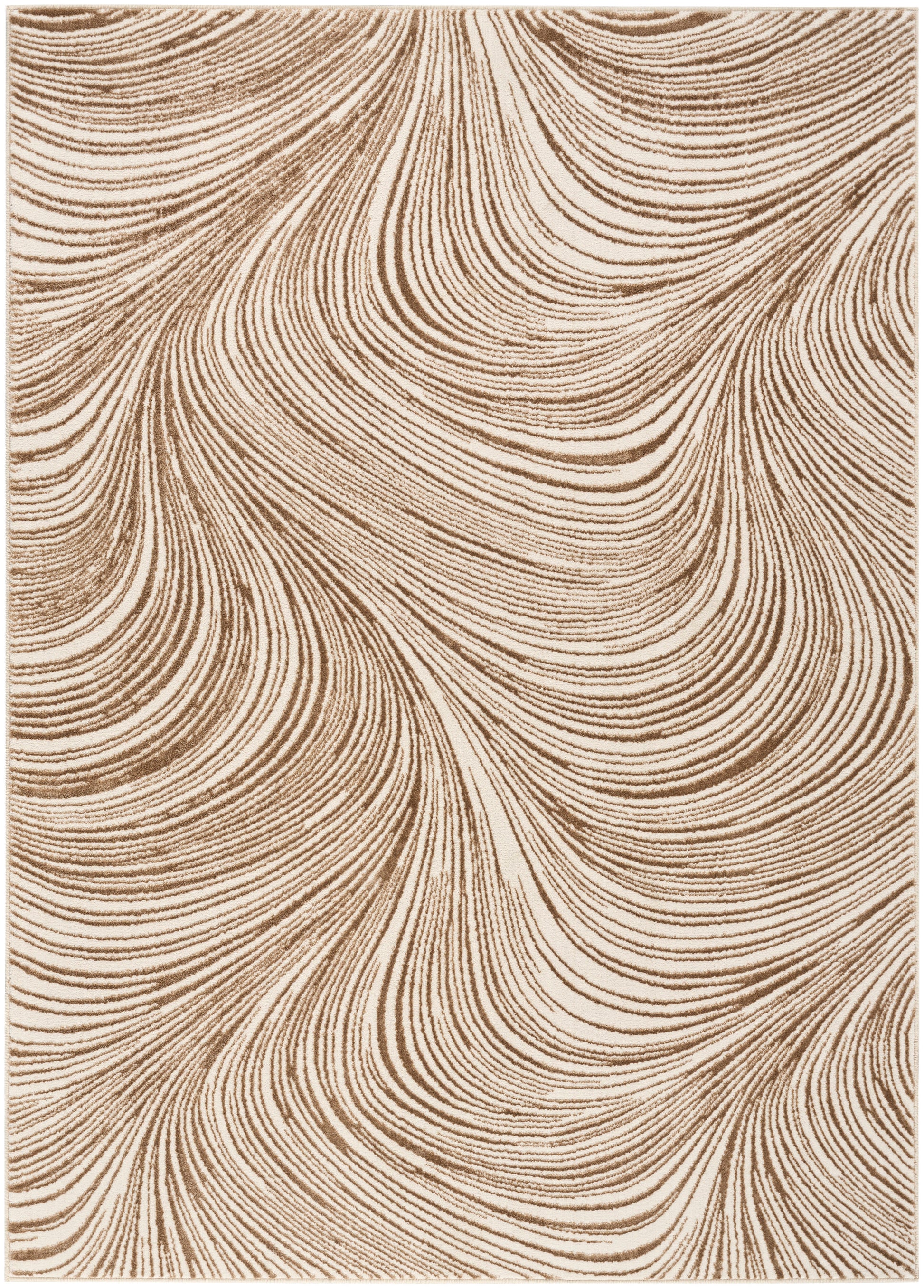 Beige area rug with dark brown swirling wave lines in an abstract pattern; rectangular, versatile for living spaces.
