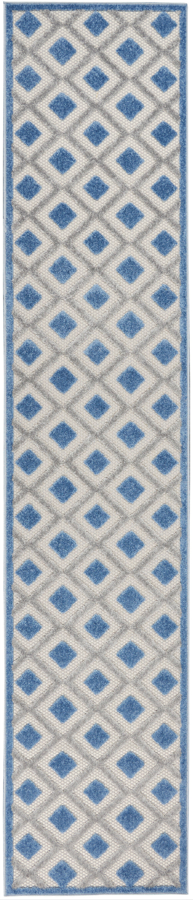 Narrow runner rug with cream background and blue diamond lattice pattern, blue border along edges.