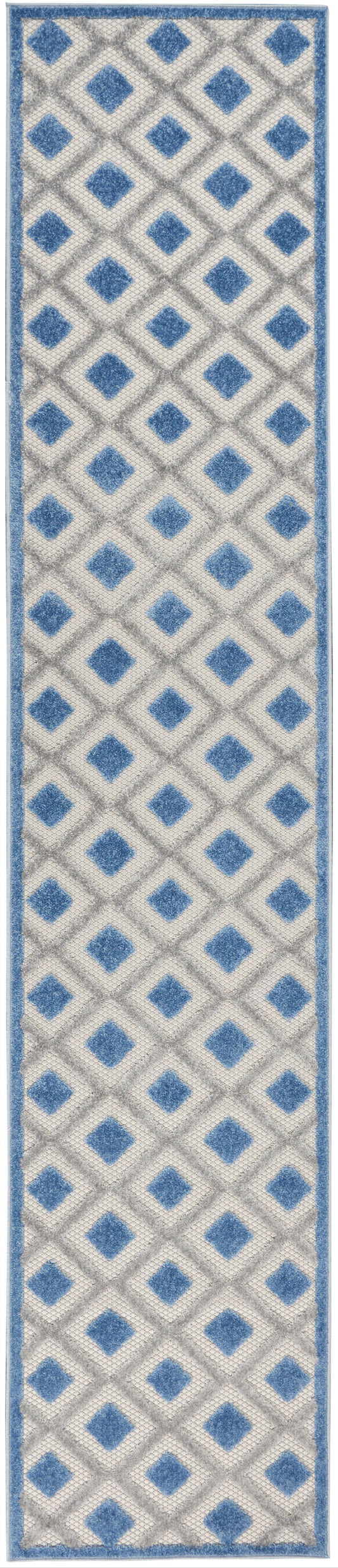 Narrow runner rug with cream background and blue diamond lattice pattern, blue border along edges.