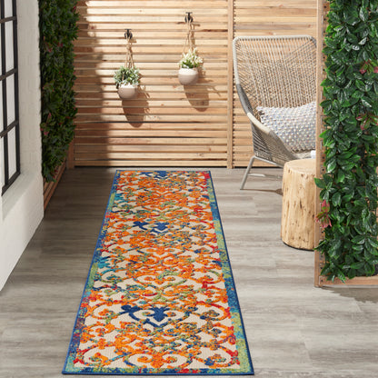 Outdoor patio runner rug with orange, blue, and green floral pattern on a wooden deck, wicker chair and hanging plants.
