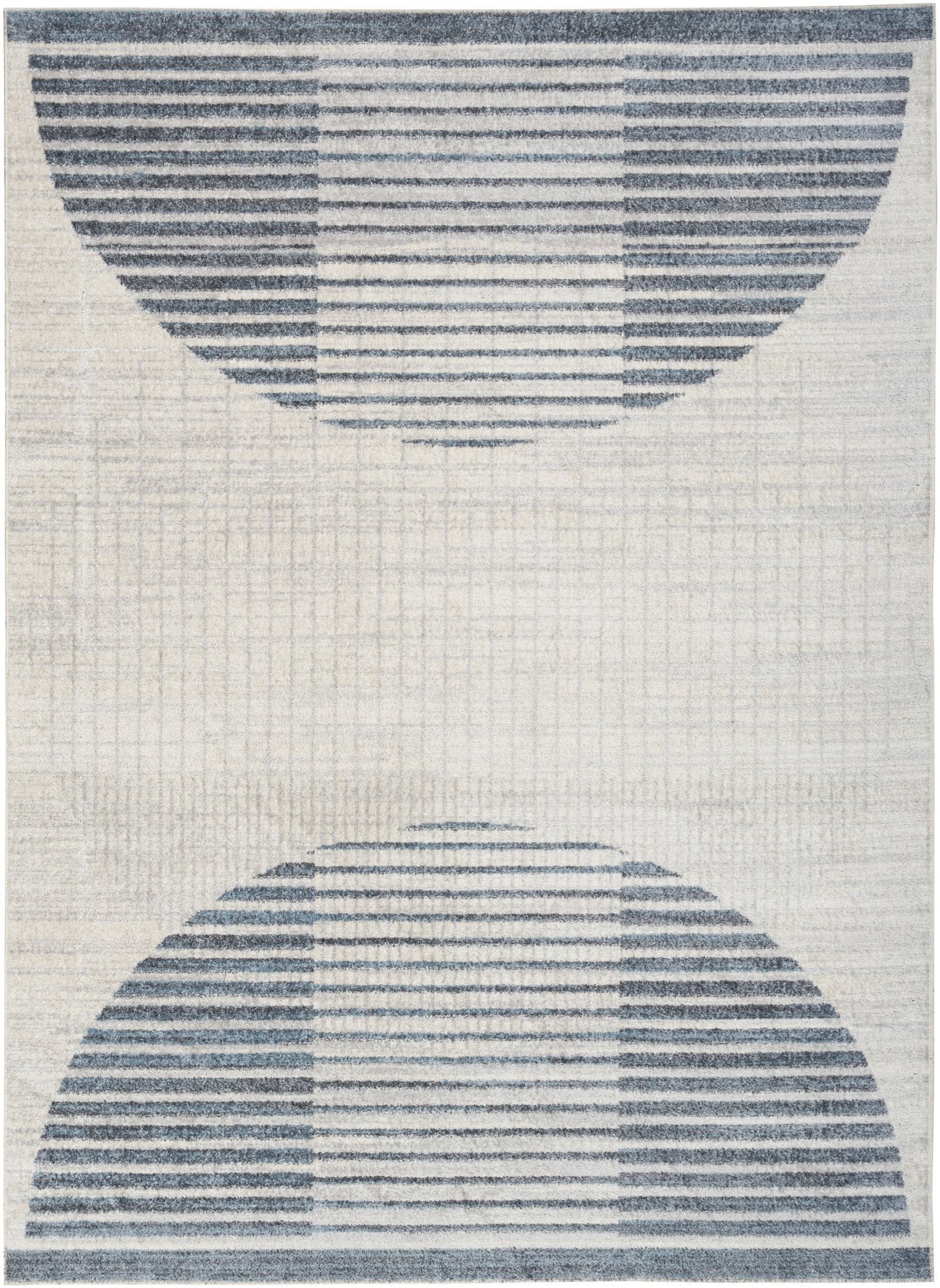 Modern rug featuring two blue striped semicircles facing inward on a pale woven background.