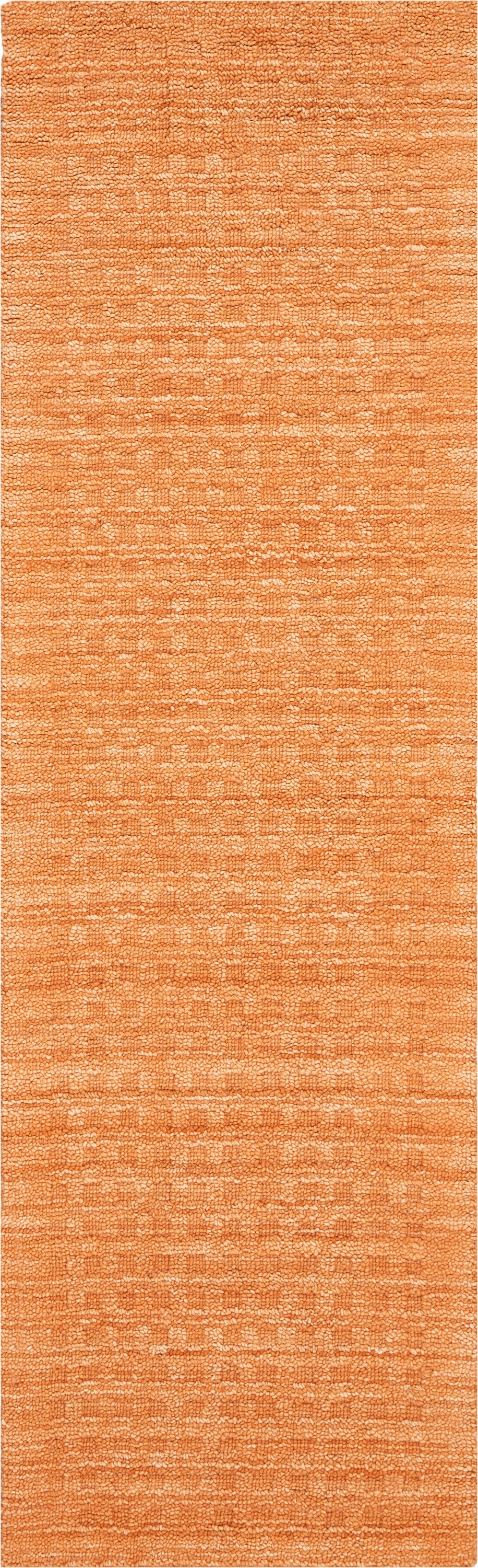 Orange textured rug with dense loop pile & subtle woven pattern for warmth.
