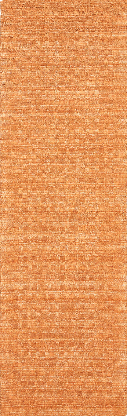 Orange textured rug with dense loop pile & subtle woven pattern for warmth.