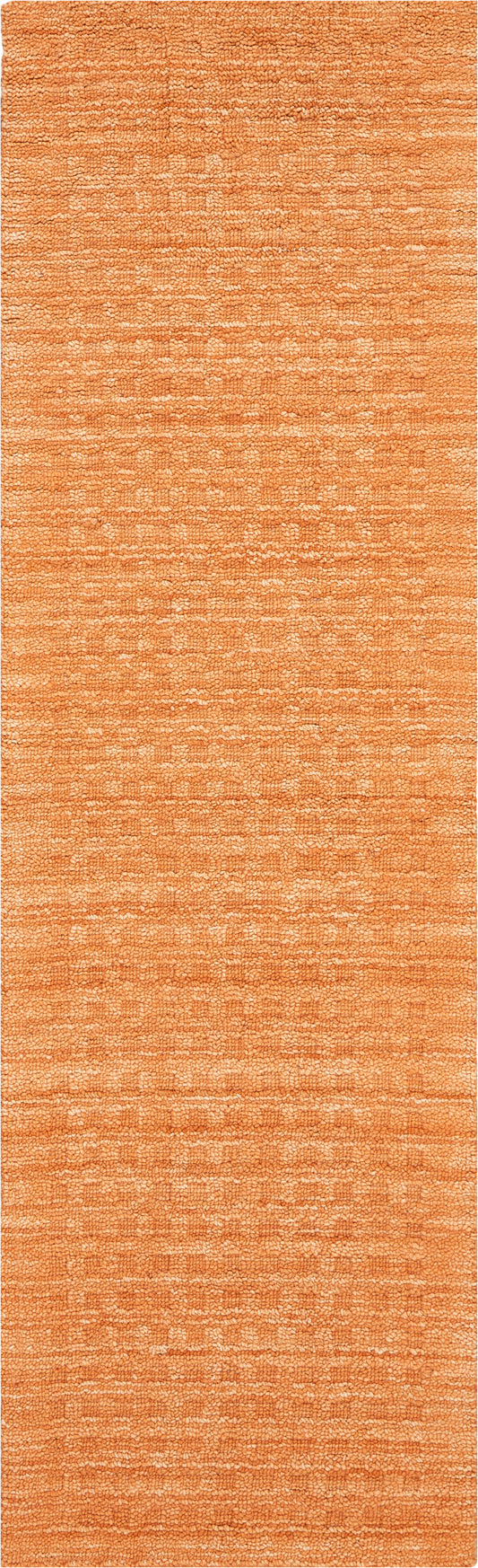 Orange textured rug with dense loop pile & subtle woven pattern for warmth.