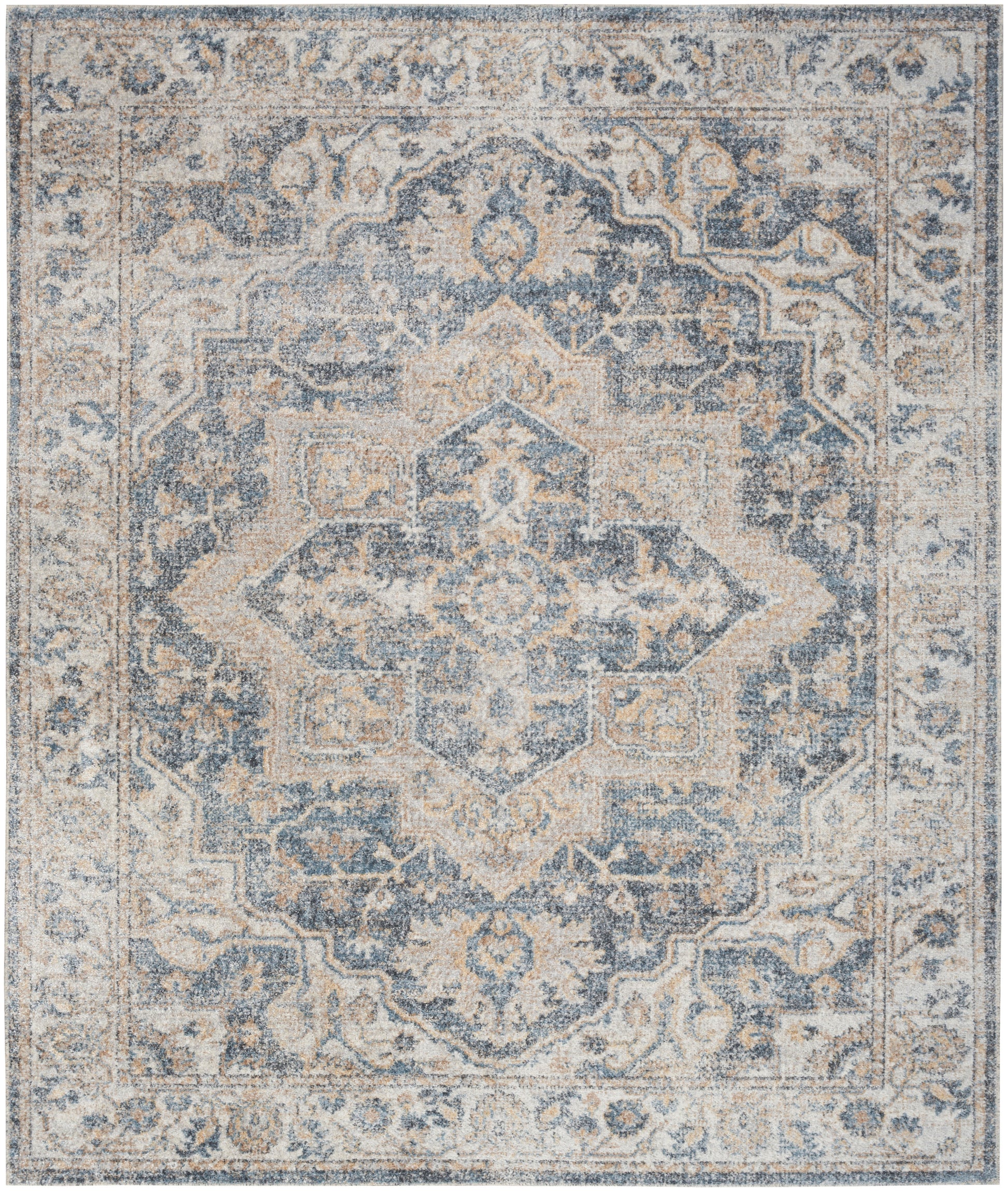 Blue and beige distressed oriental rug with central medallion and ornate border.