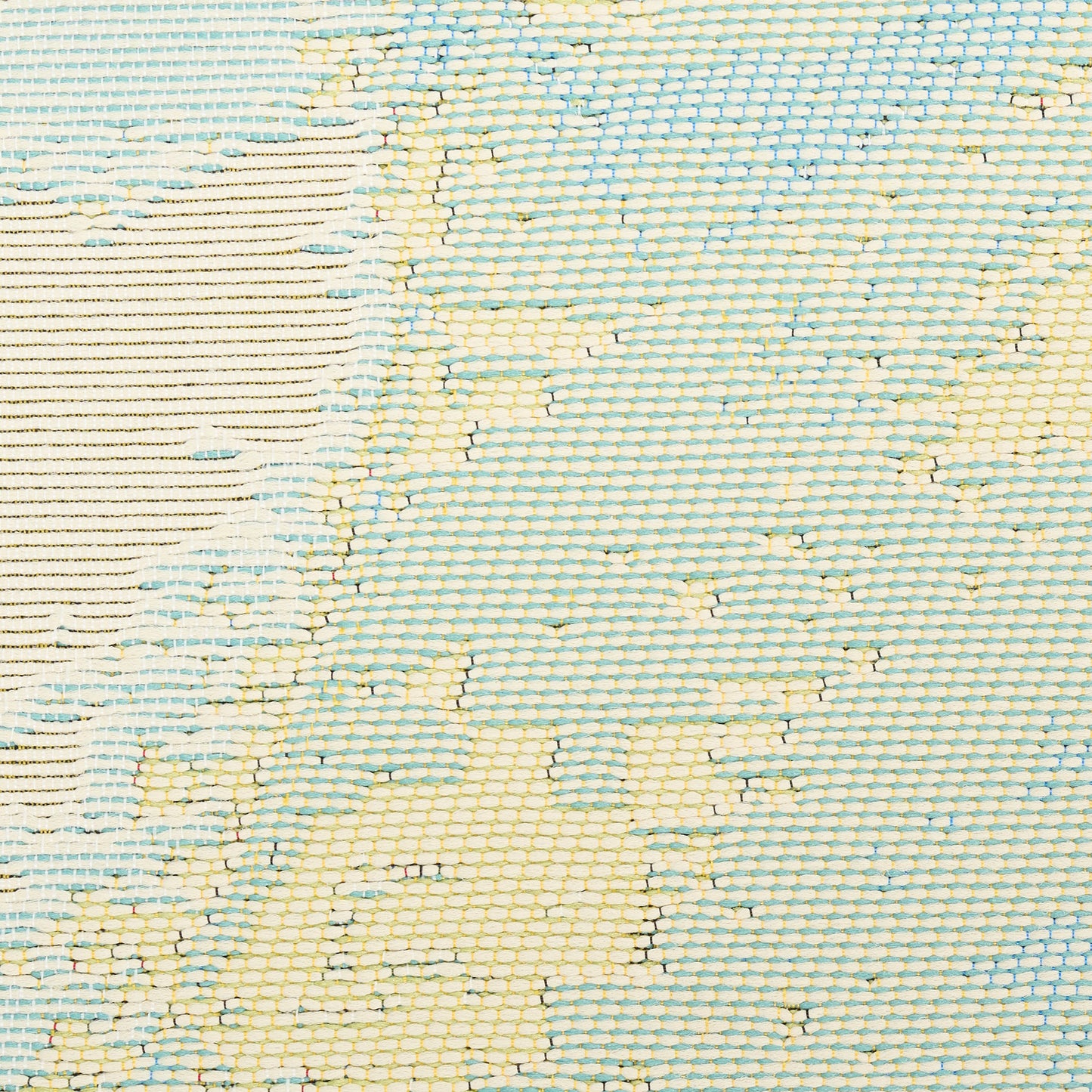 Pastel blue and cream floral woven fabric with pale yellow accents and a subtle grid texture.