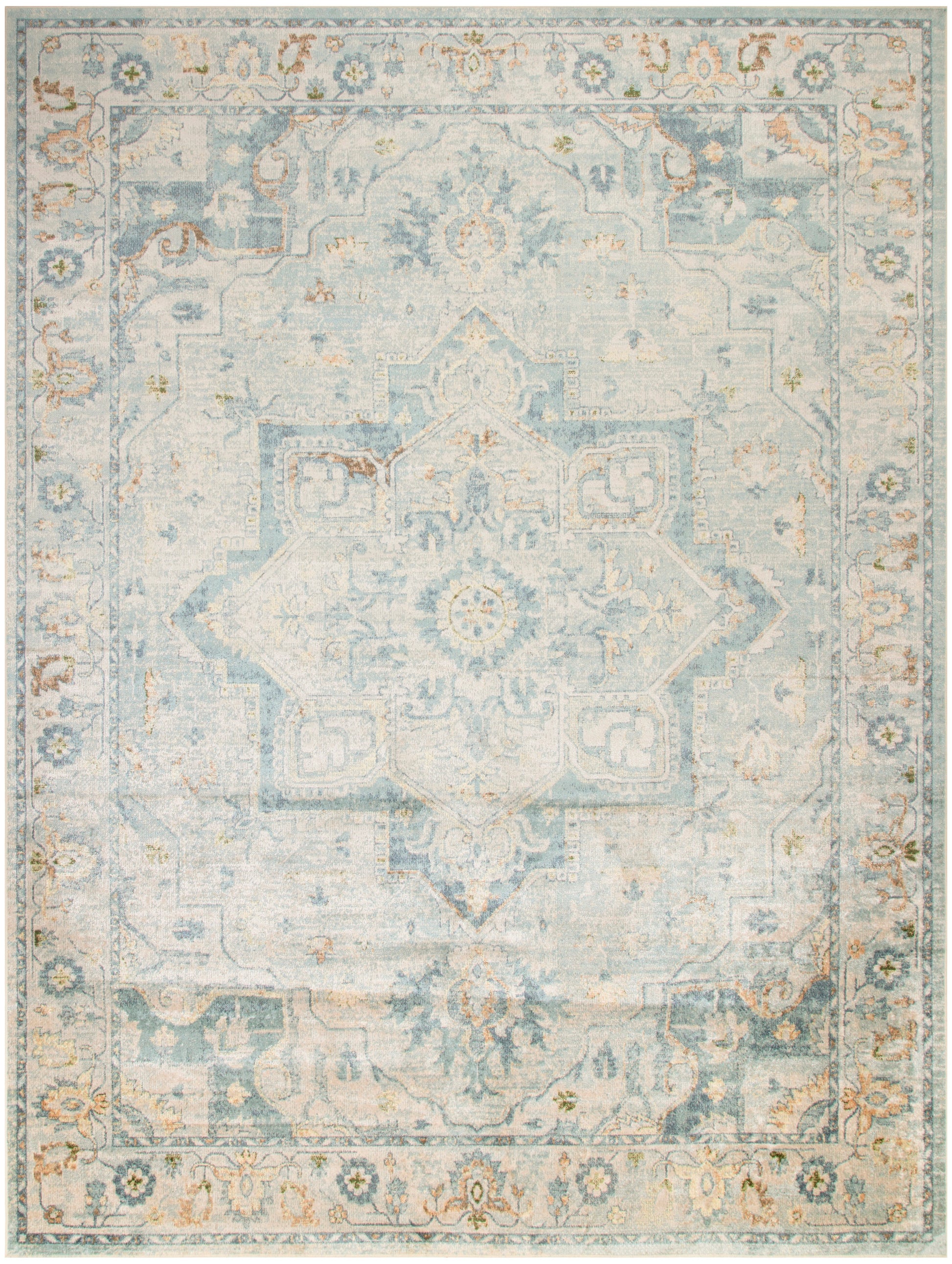 Rectangular vintage-style area rug in pale blue, ivory and gold with an ornate central medallion and distressed pattern.