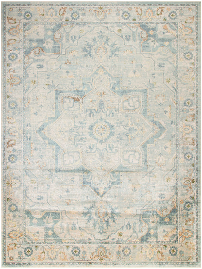 Rectangular vintage-style area rug in pale blue, ivory and gold with an ornate central medallion and distressed pattern.