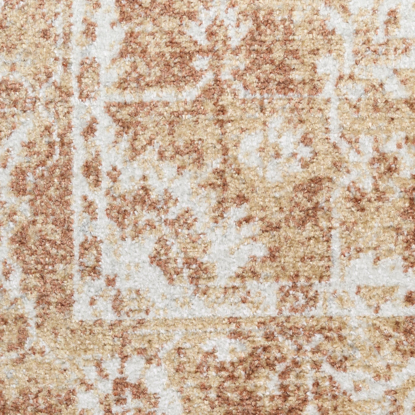 Beige and tan distressed oriental rug close-up with ivory accents and soft plush pile.