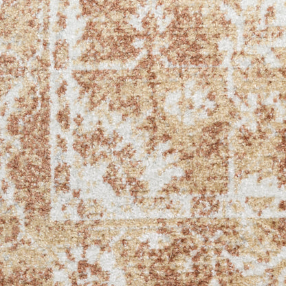 Beige and tan distressed oriental rug close-up with ivory accents and soft plush pile.
