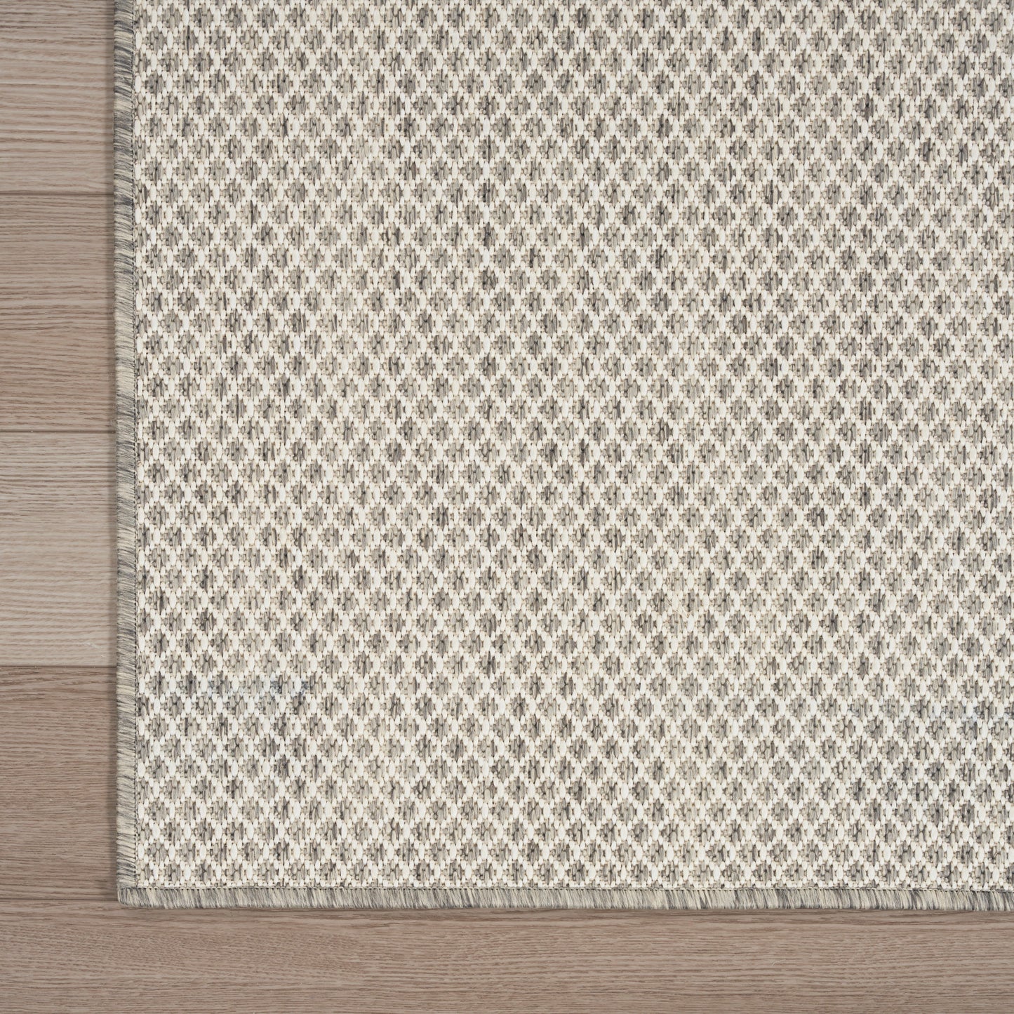Beige rectangular rug with woven fringe along bottom edge on light wood floor.