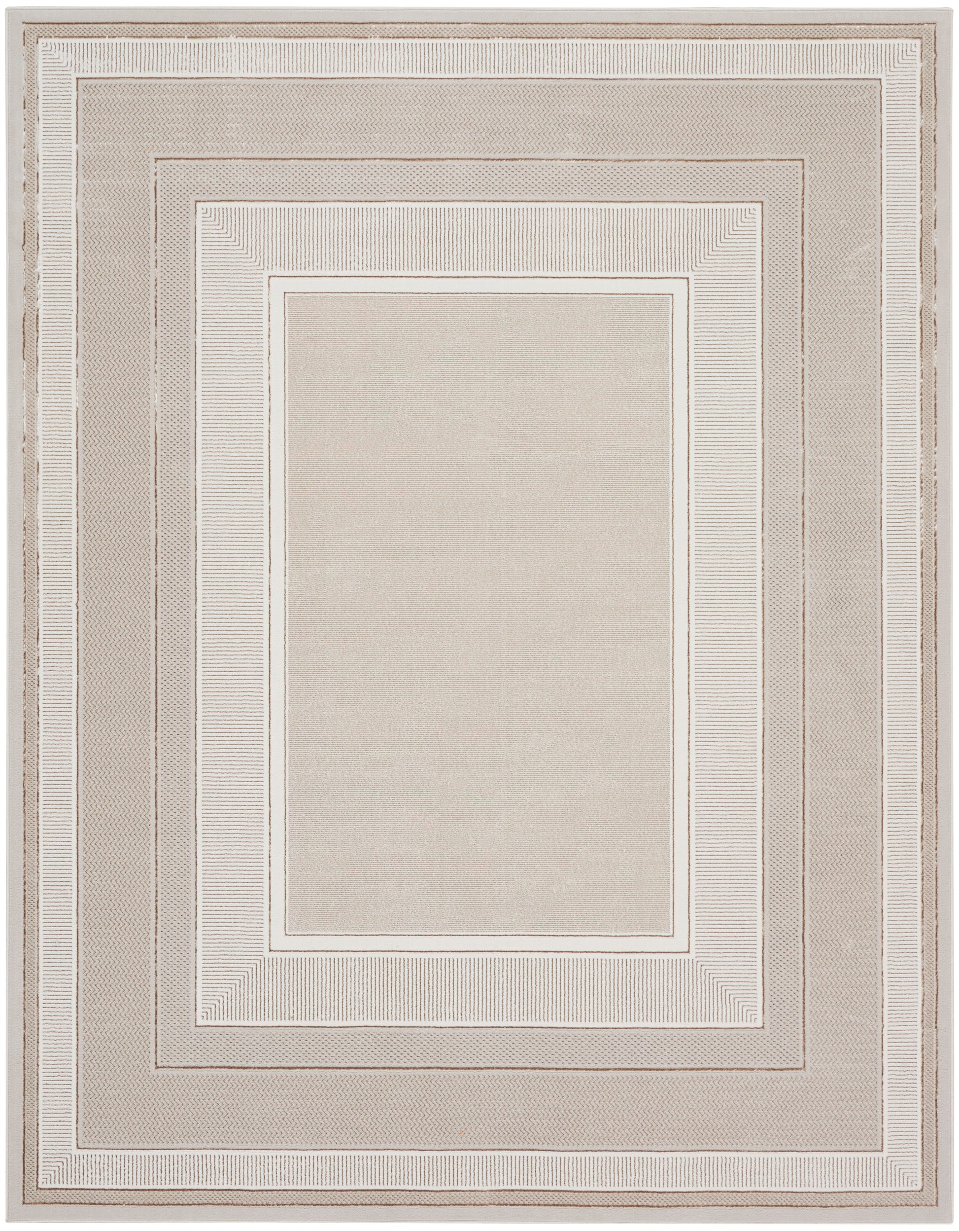 Neutral beige rug with layered inner borders in cream and taupe; rectangular, modern geometric frame design.