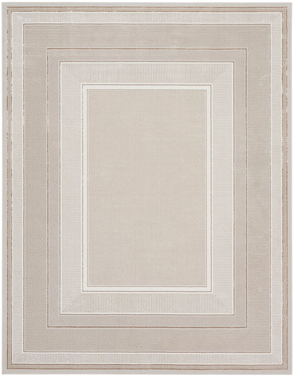 Neutral beige rug with layered inner borders in cream and taupe; rectangular, modern geometric frame design.