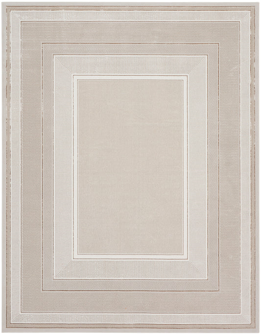 Neutral beige rug with layered inner borders in cream and taupe; rectangular, modern geometric frame design.