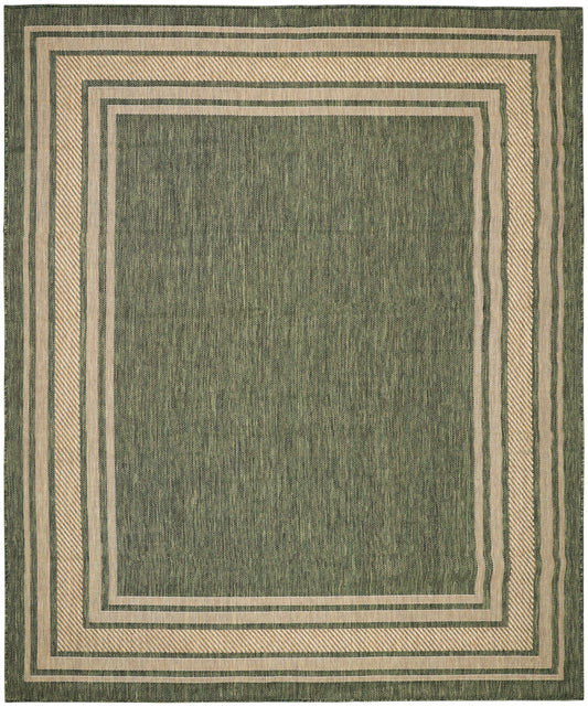 Olive-green area rug with beige nested rectangular border pattern & woven texture, modern geometric design.
