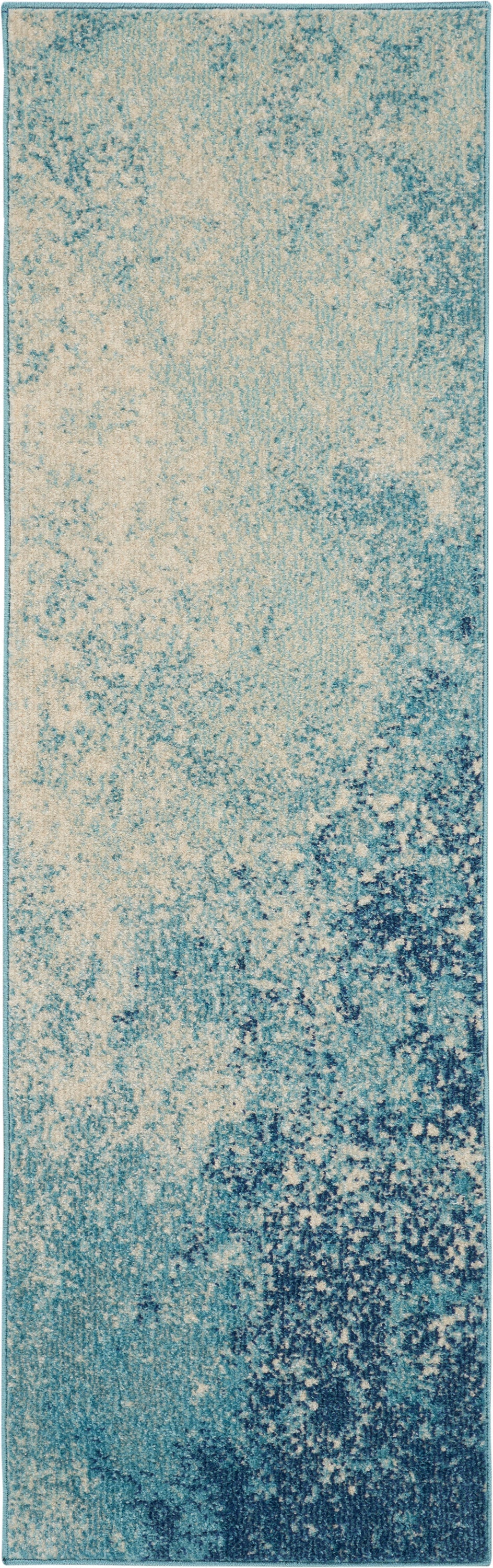 Teal & beige abstract rug runner with a mottled distressed pattern; plush, rectangular area rug.