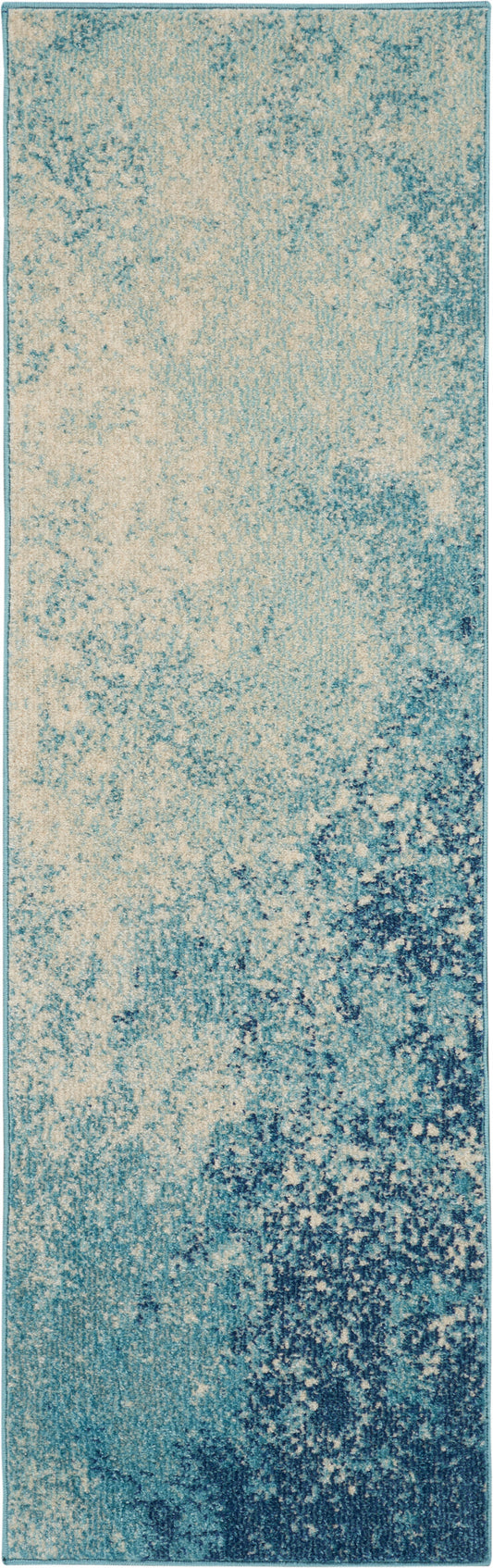 Teal & beige abstract rug runner with a mottled distressed pattern; plush, rectangular area rug.