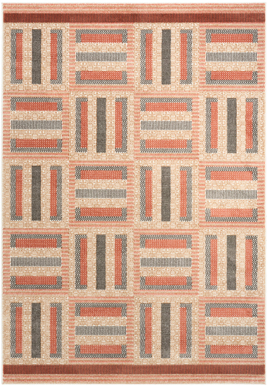 Geometric flat-weave area rug with coral & charcoal & beige blocks in a grid pattern; modern warm kilim-inspired design.