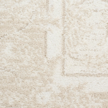 Cream beige shaggy rug with plush pile and subtle geometric border pattern, cozy home decor.