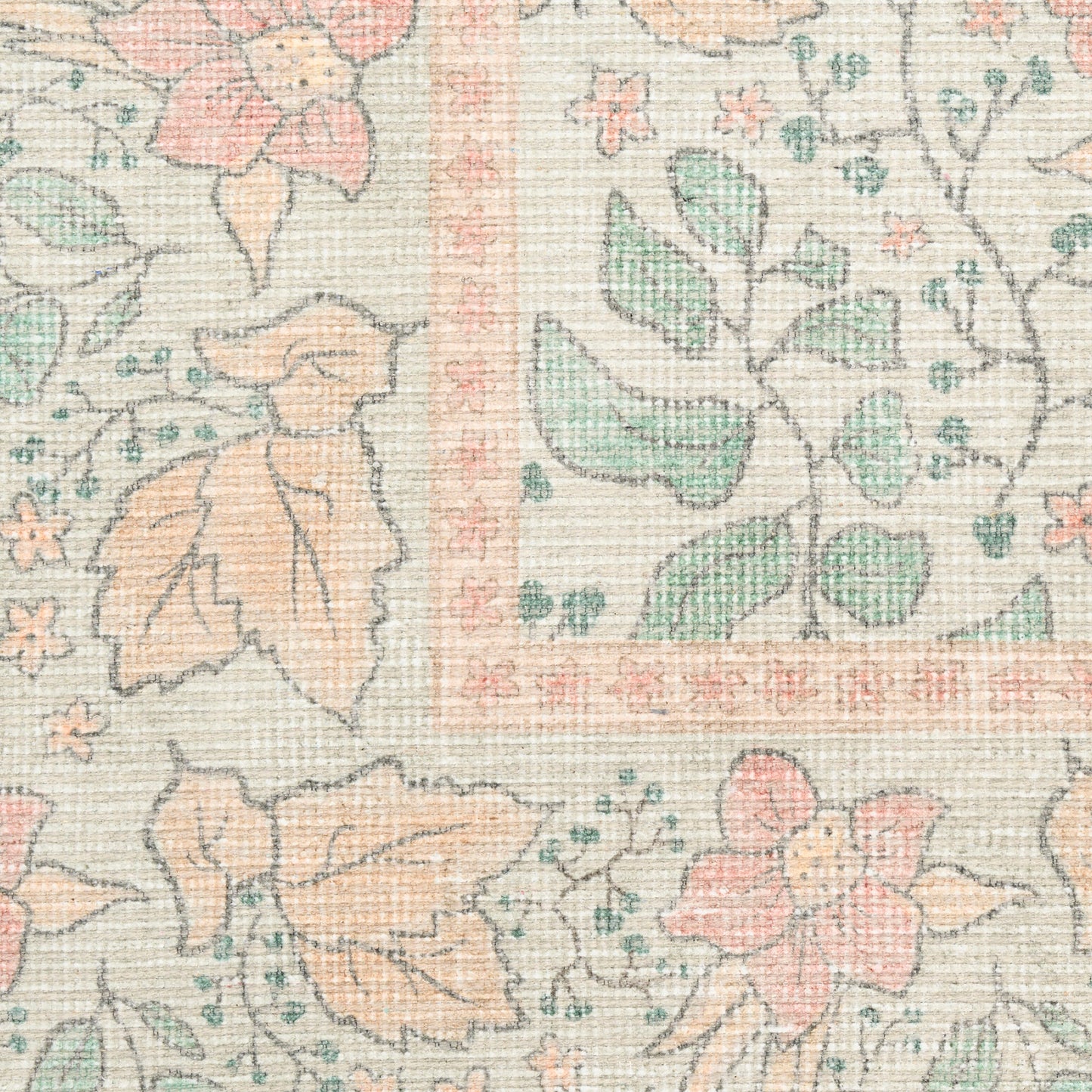 Pastel floral rug pattern with peach and mint leaves, pink flowers on cream, framed by a decorative border and woven texture.