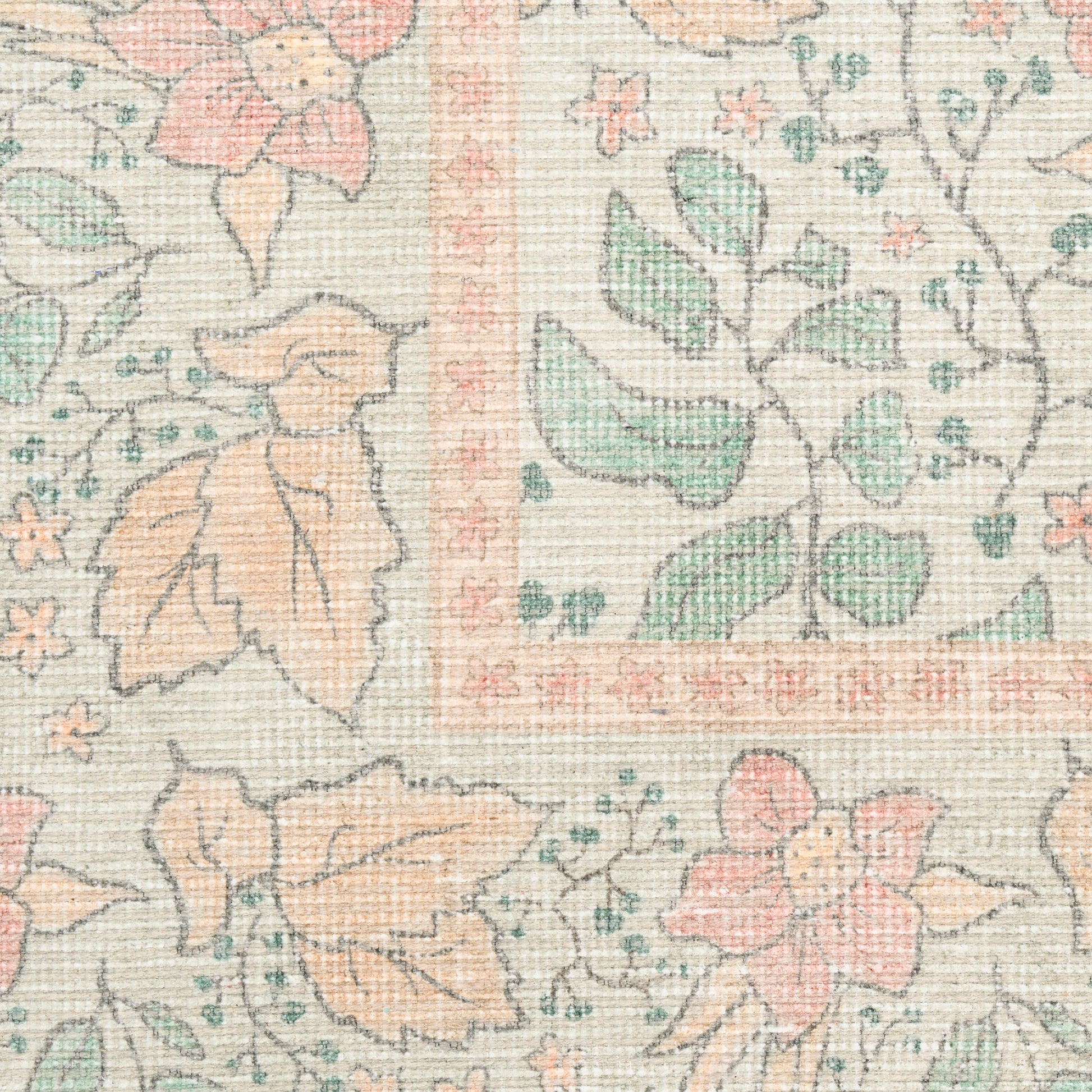 Pastel floral rug pattern with peach and mint leaves, pink flowers on cream, framed by a decorative border and woven texture.