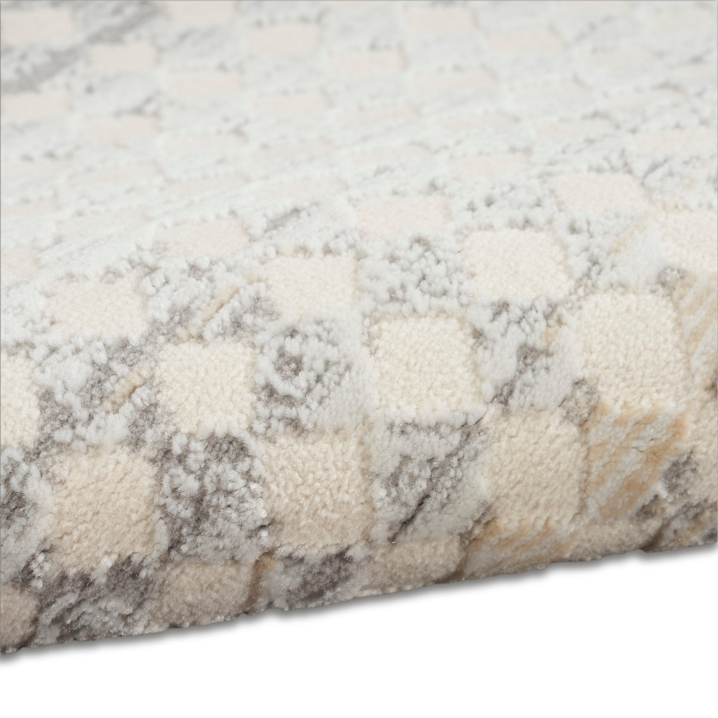 Cream and beige checkerboard plush rug with subtle gray accents, soft home decor.