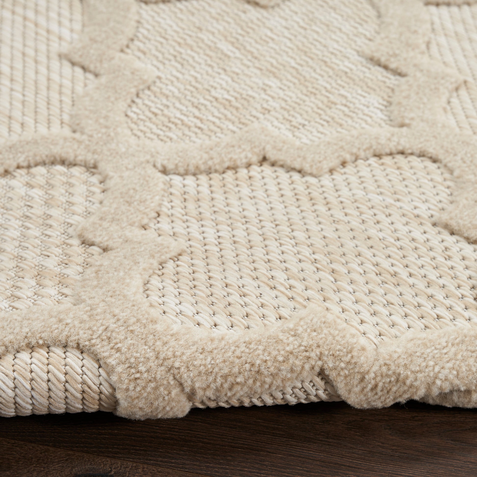 Beige textured rug with plush raised geometric pattern and boucle-like edges; soft, woven area rug.