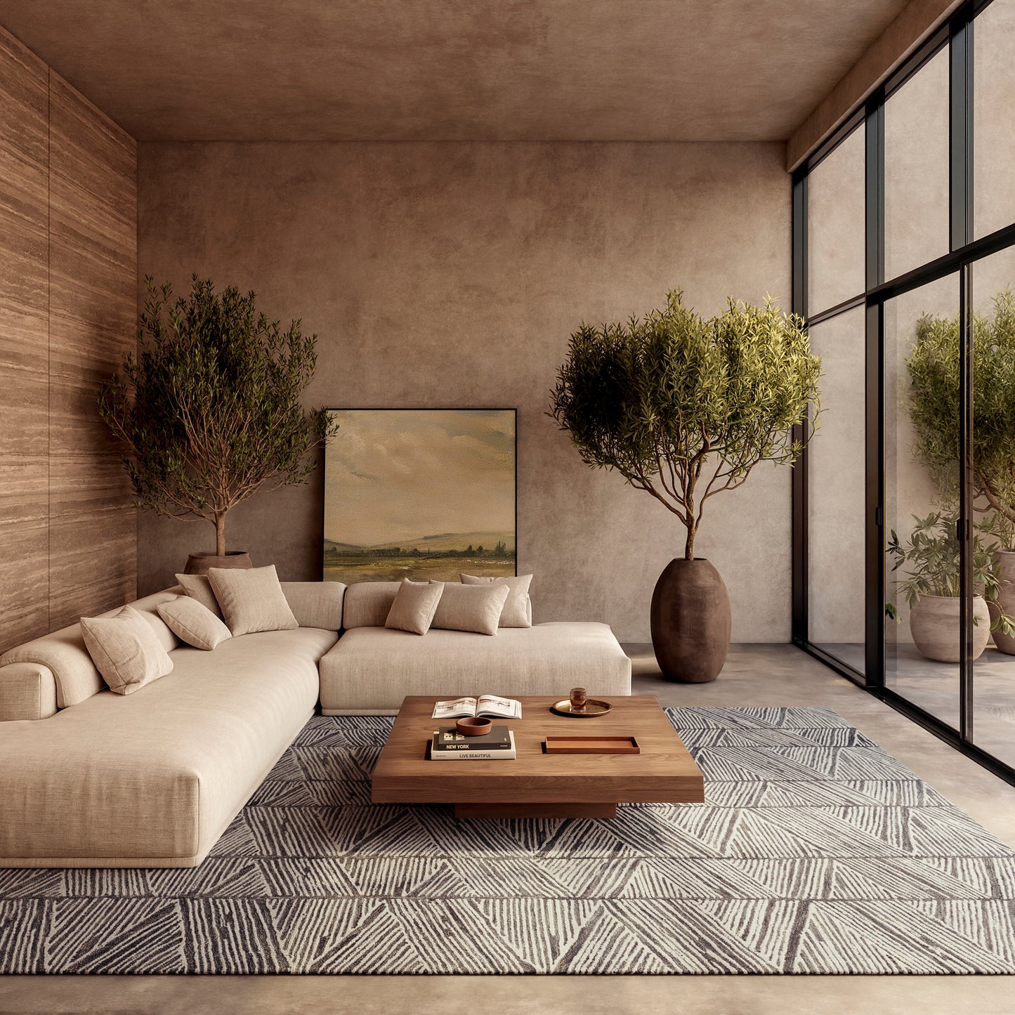 Geometric gray rug in a contemporary living room with a beige sectional, wooden block coffee table, tall potted trees, and a glass wall.