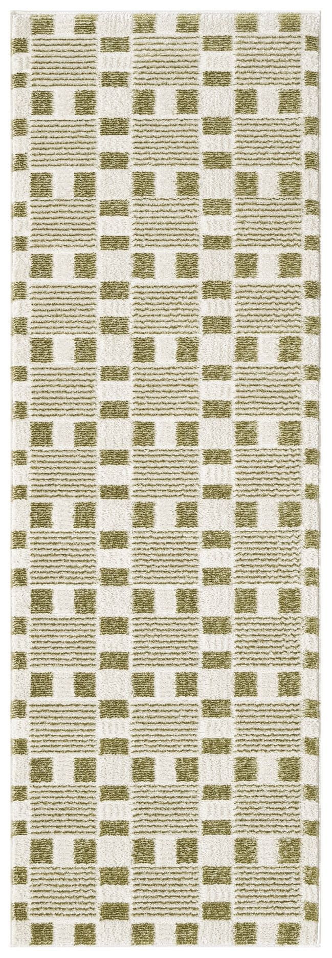 Cream runner rug with olive-green squares and lined rectangles forming a geometric checker grid, woven texture.