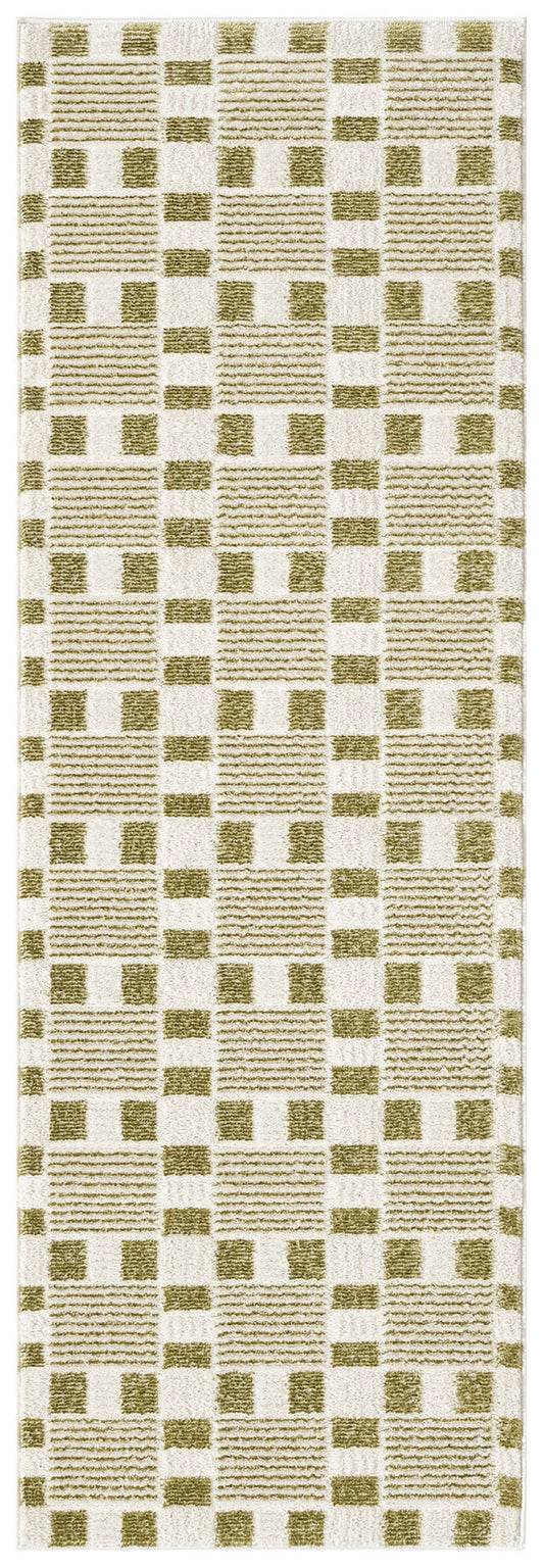 Cream runner rug with olive-green squares and lined rectangles forming a geometric checker grid, woven texture.