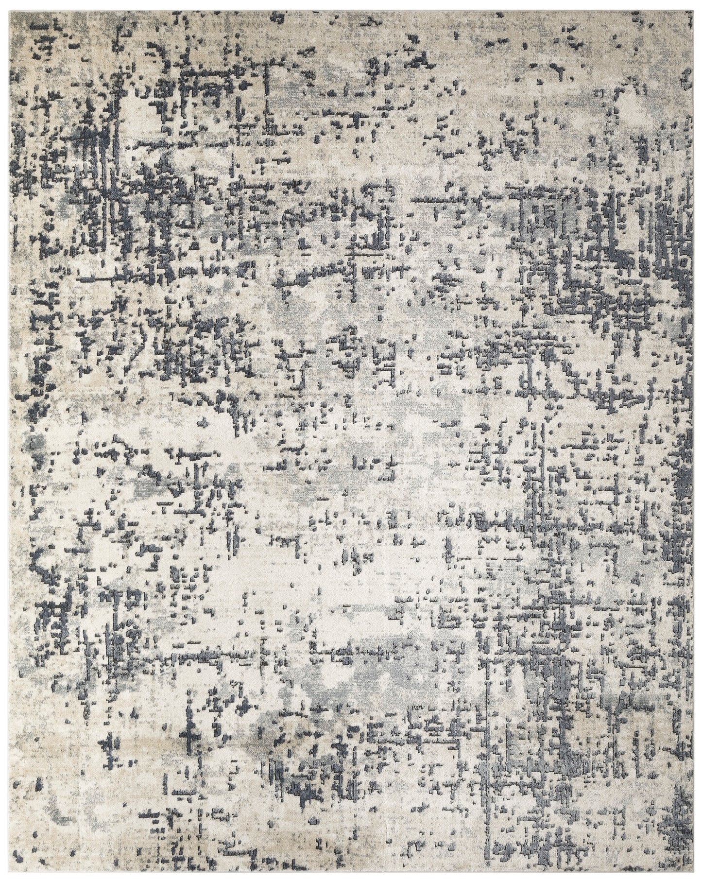 Abstract distressed area rug in beige and gray tones with charcoal speckled pattern.