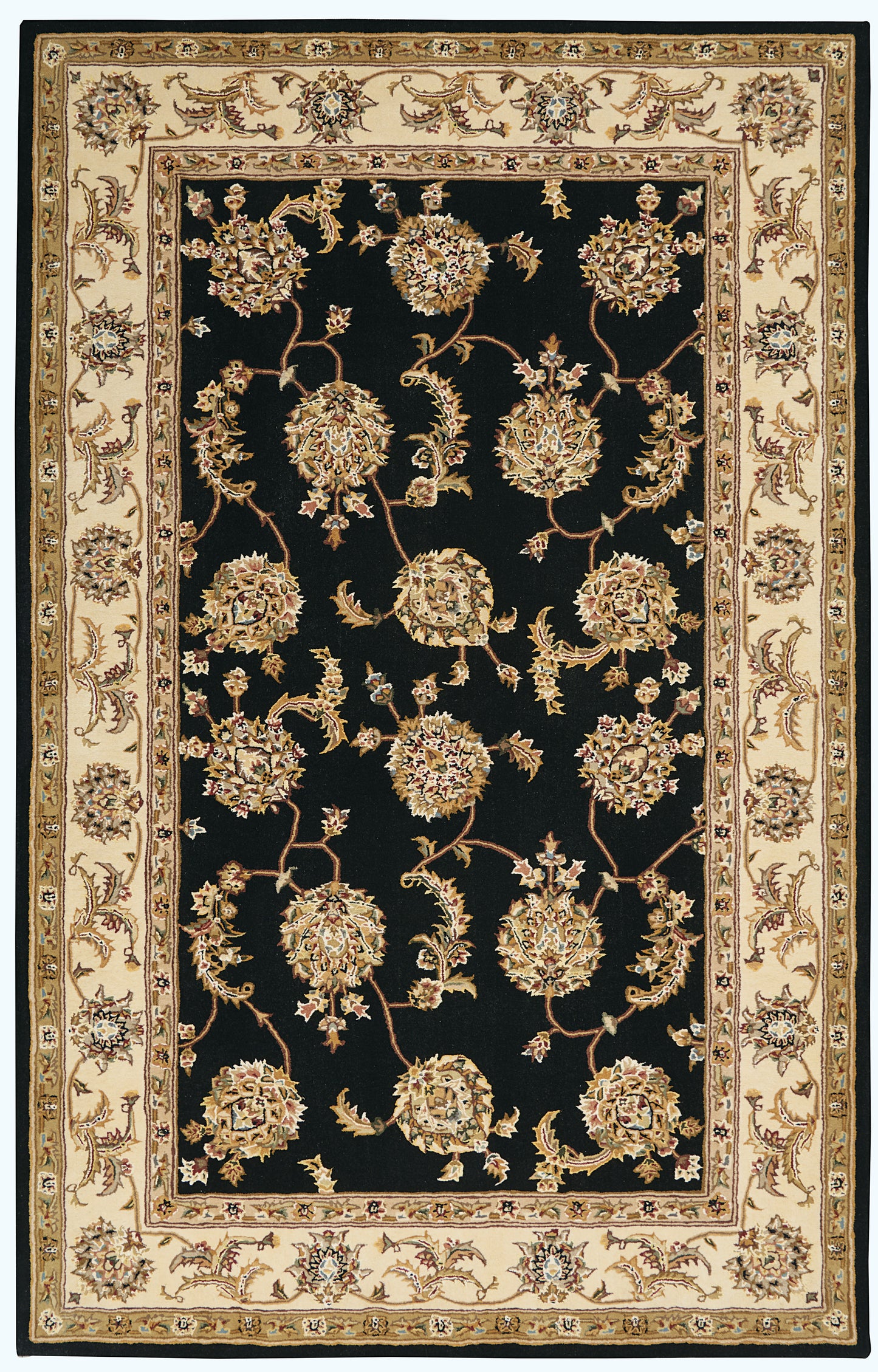Rectangular oriental area rug with black central field, gold floral motifs, & ivory border; traditional Persian style.