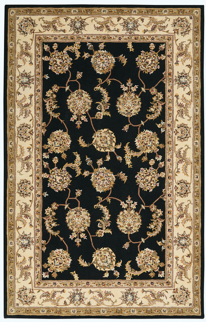 Rectangular oriental area rug with black central field, gold floral motifs, & ivory border; traditional Persian style.