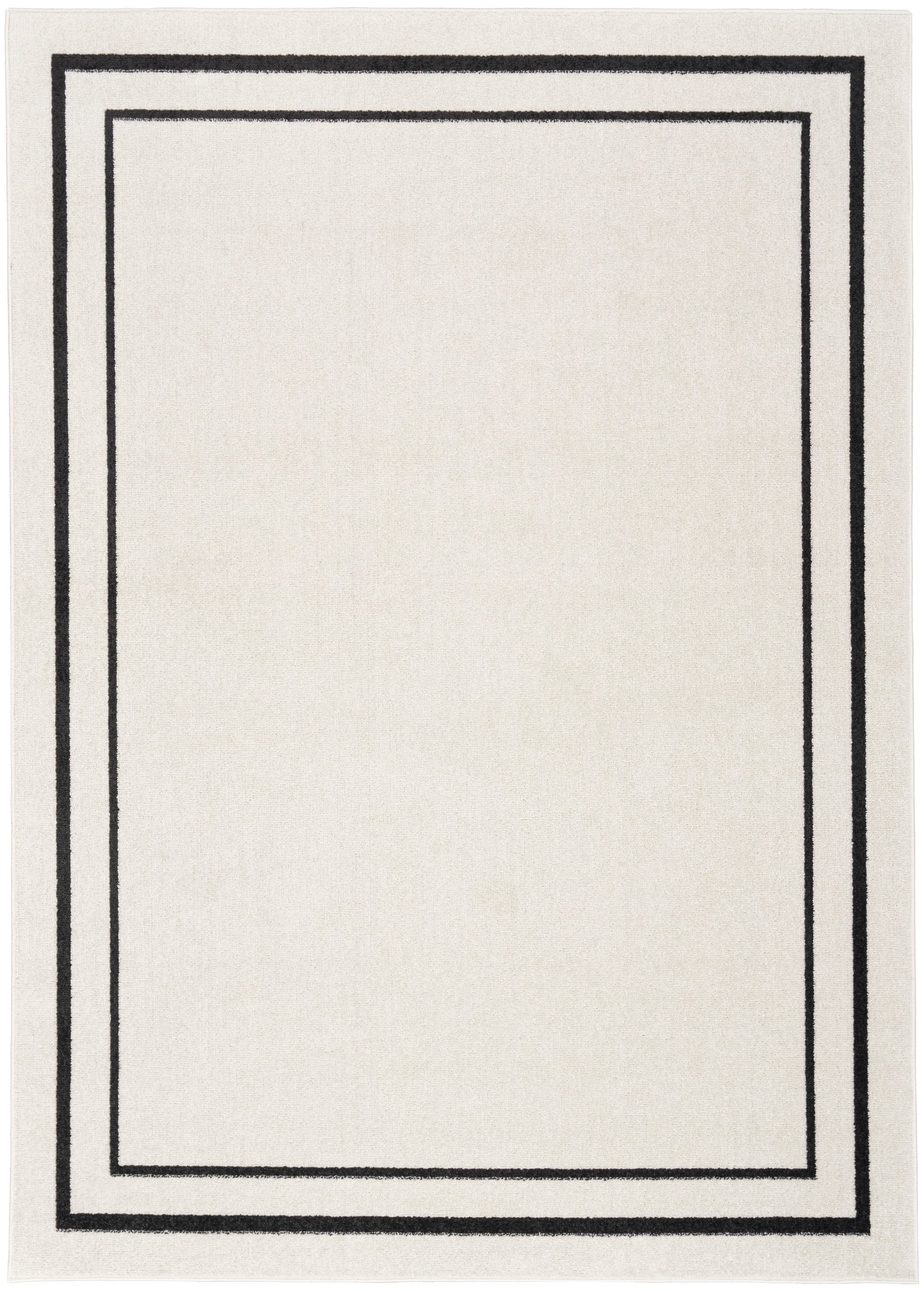 Cream rug with a double black border framing a minimalist rectangular design.