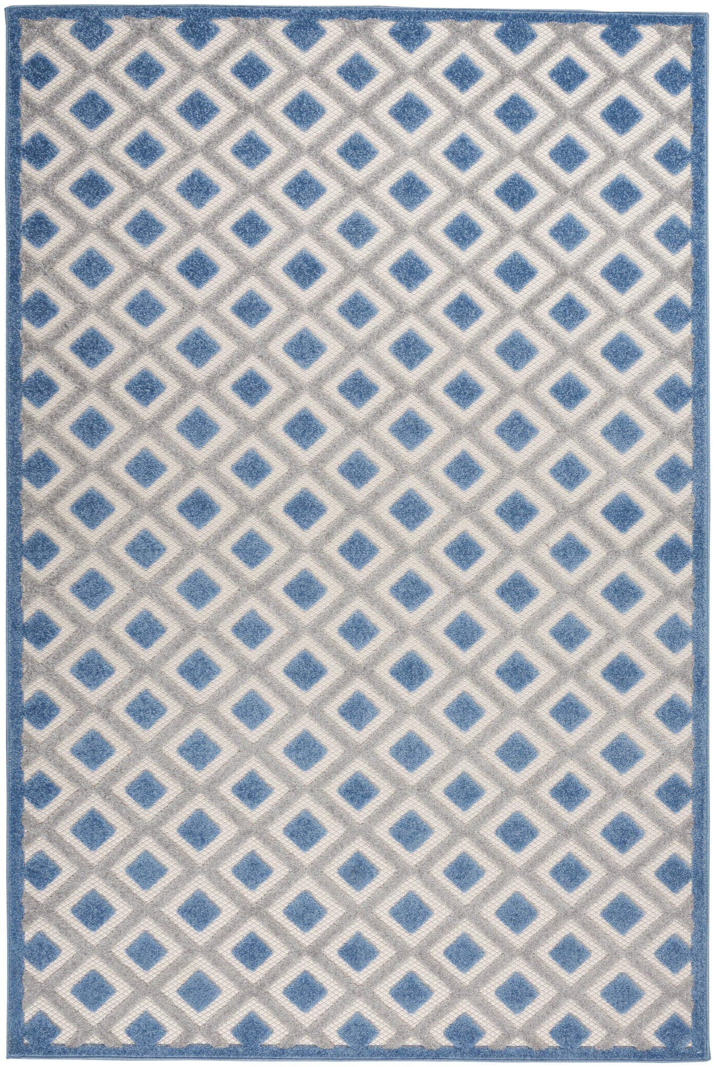 Blue and gray geometric rug with repeating diamond pattern and blue border.