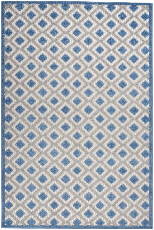 Blue and gray geometric rug with repeating diamond pattern and blue border.