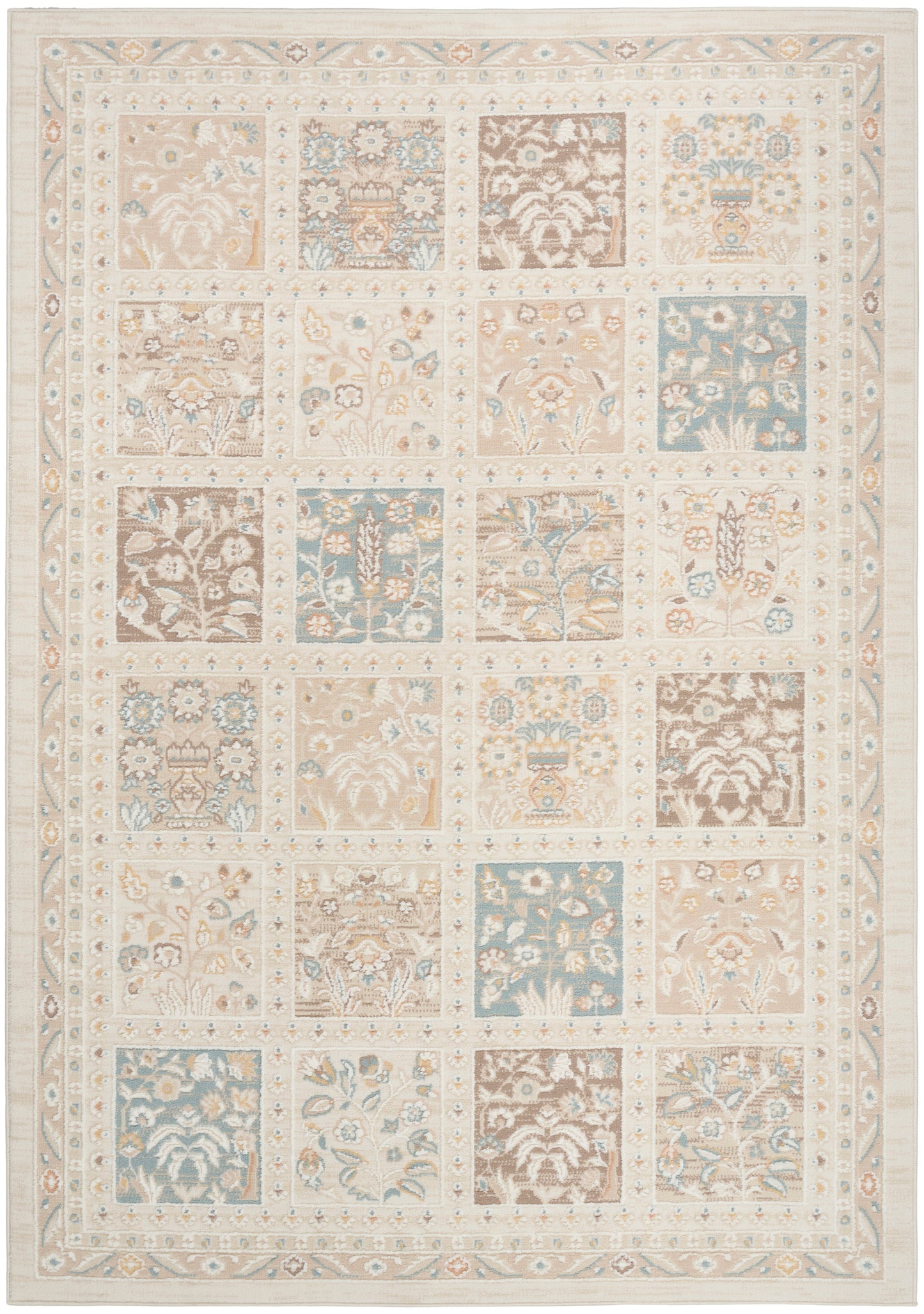 Pastel patchwork rug with floral motif squares in cream, blue, beige and brown; decorative border.