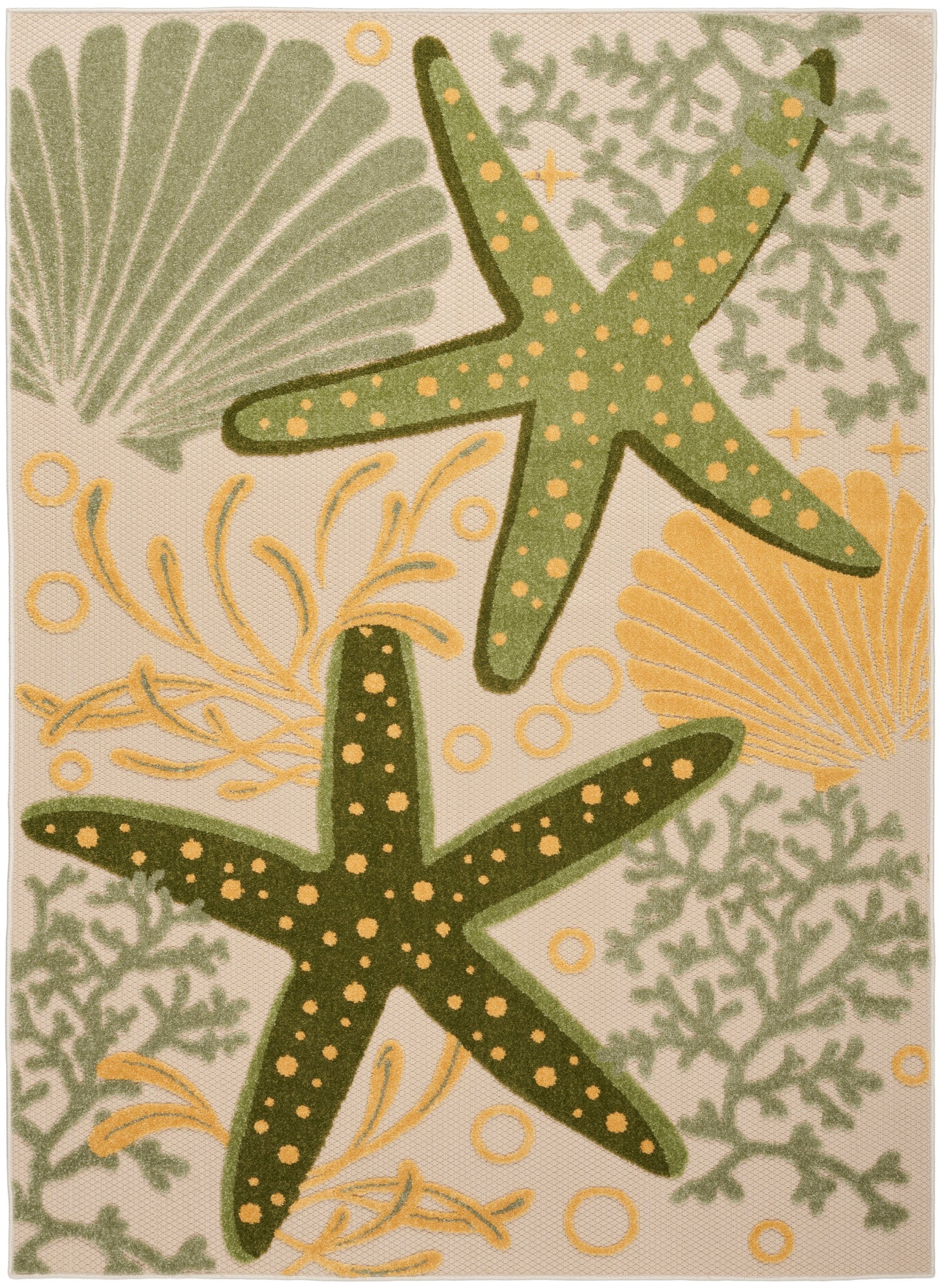 Beige rug with two green starfish dotted in yellow, and pale green seaweed and coral patterns.