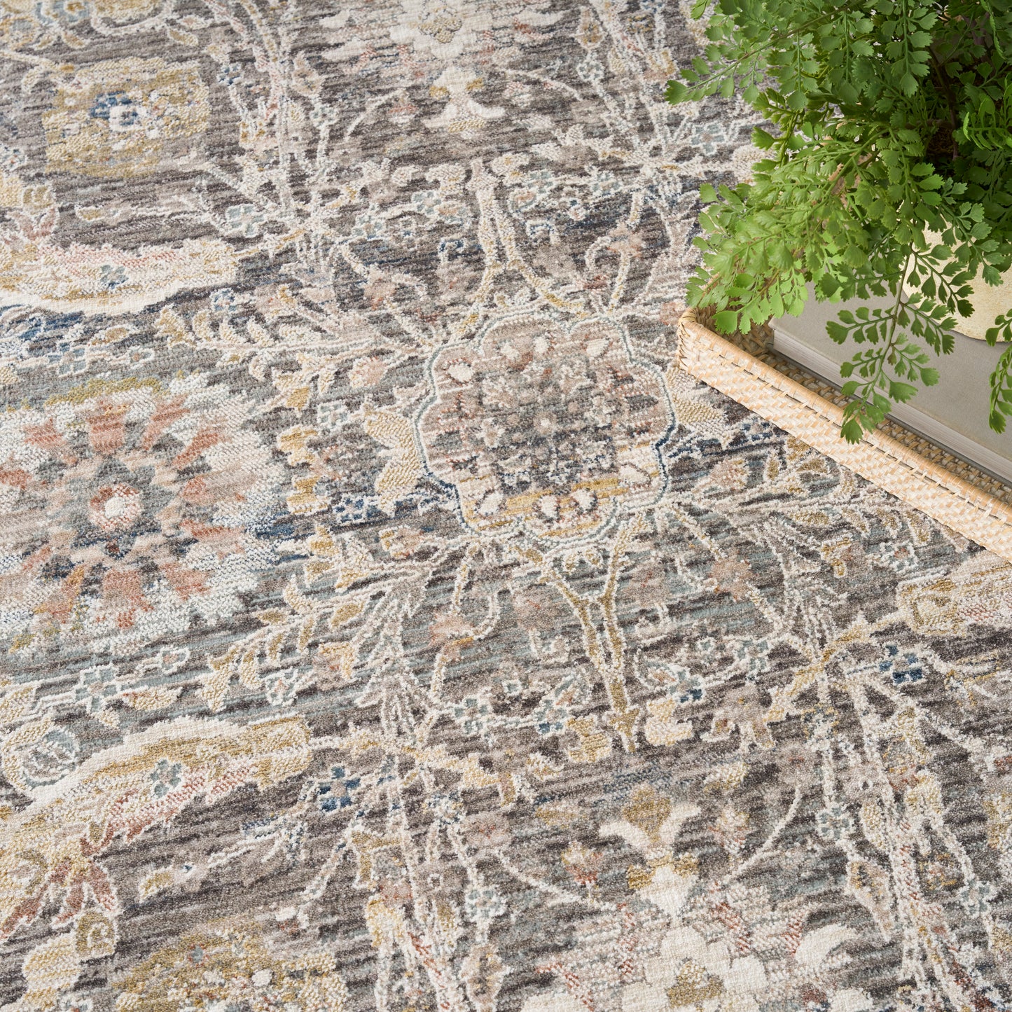 Ornate antique-style area rug in gray, beige, blue with floral medallion pattern; plant & ruler show scale.
