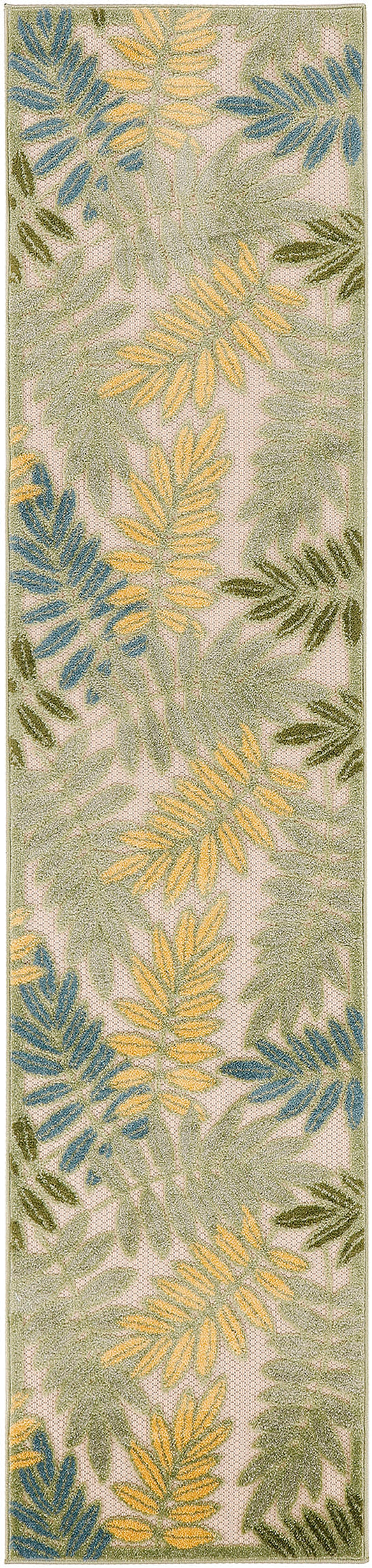 Long narrow beige outdoor runner rug with pastel yellow, blue and green palm leaf pattern and border
