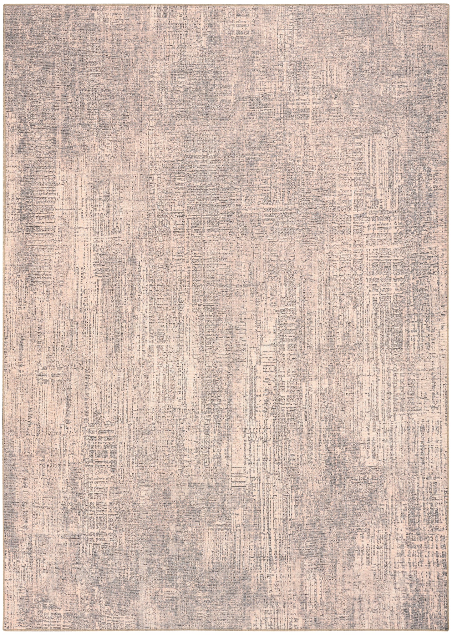Distressed beige-taupe area rug with soft pink undertones, textured abstract pattern, modern rustic style.